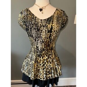 Y2K Fitted Gold Leopard Print Pleated Top V-Neck‎ Blouse Women's Medium